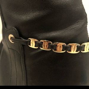 Salvatore Ferragamo Black Leather Heeled Boots with Gold Chain Trim